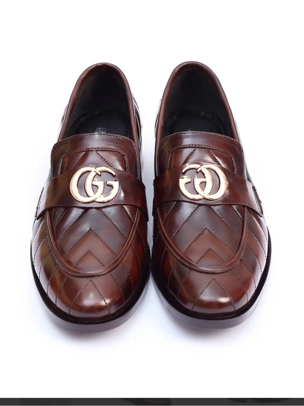 Gucci Brown Quilted Leather Men's Loafers with Gold Logo Accent